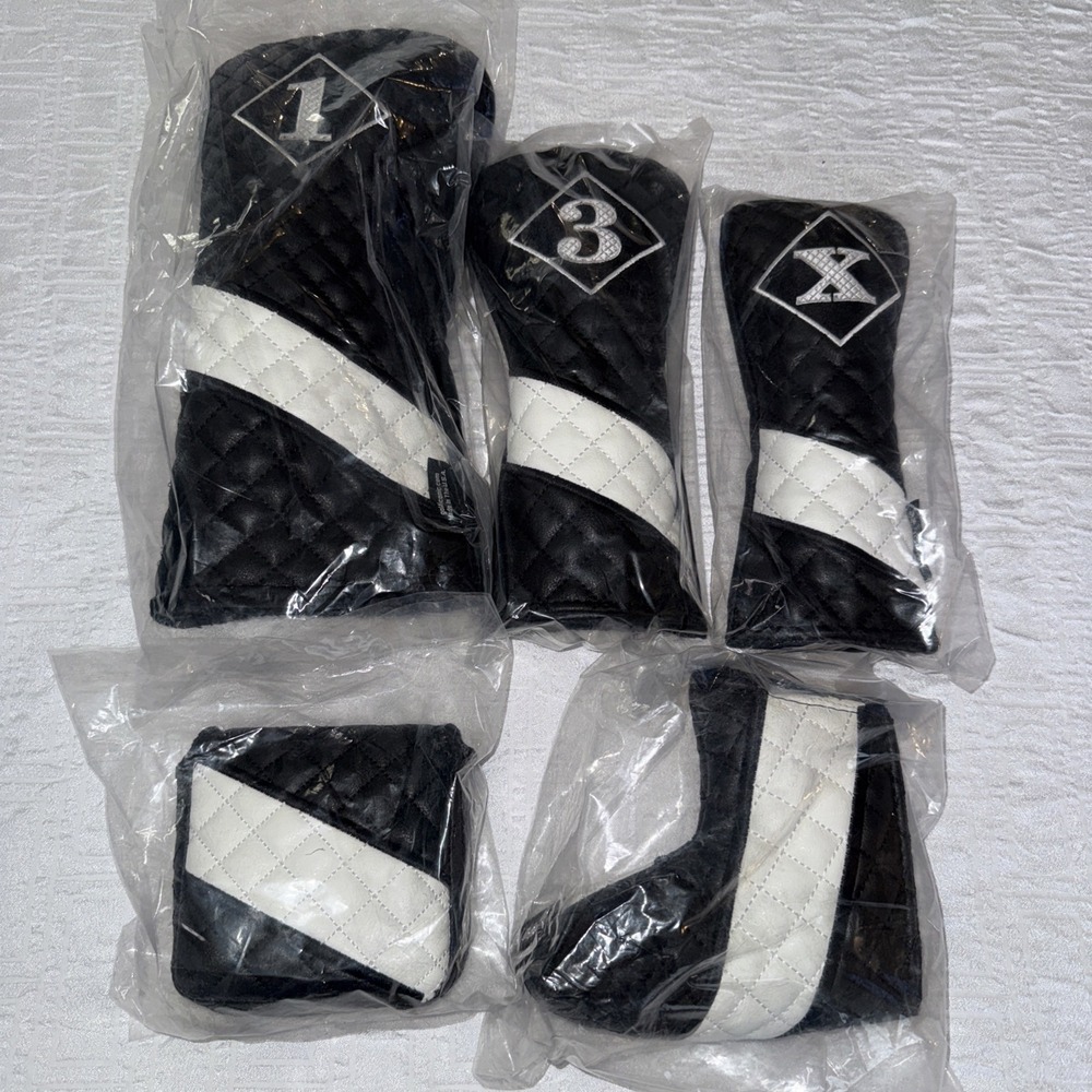 Golf Iconic Set Of 5 Club Covers Black White Stitched With Putters